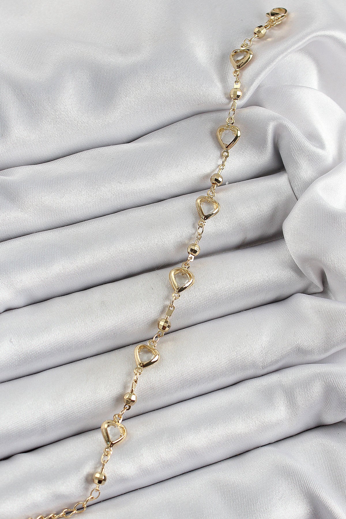 Pirinç Şeffaf Kalp Model Gold Renk Zirkon Taşlı Kadın Bileklik