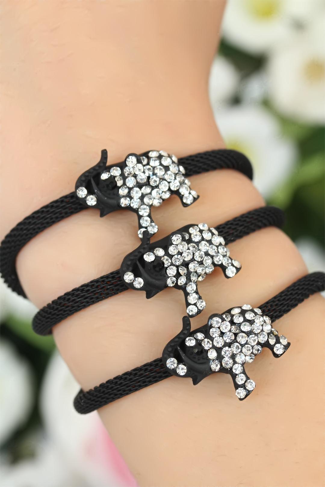 Siyah  Zirkon Taşlı Fil Aksesuarlı Metal Bayan Bileklik